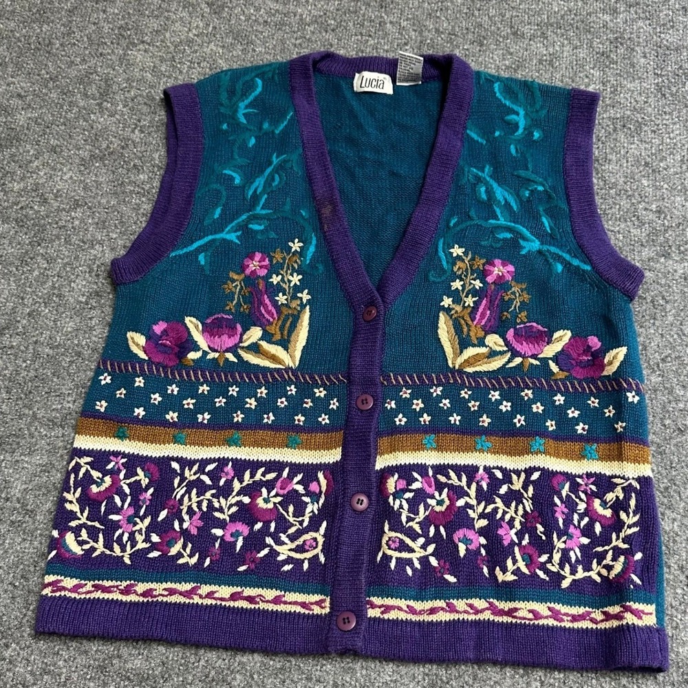 Lucia Sweater Vest Womens Size M Teal Purple Floral Embroidered Button Up Knit